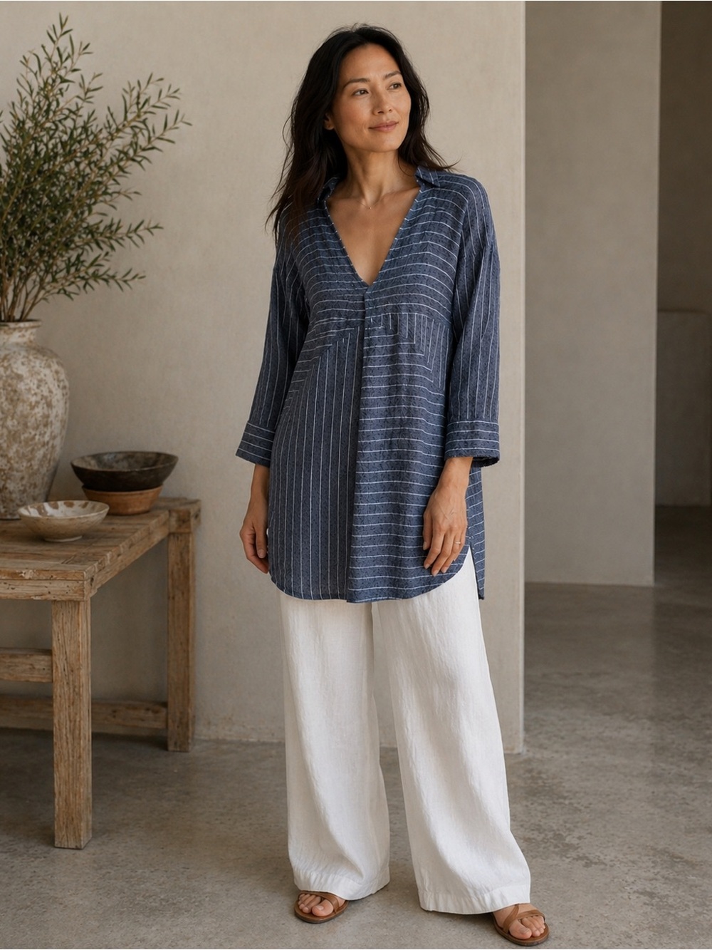 Akemi + Kin Womens Strada Tunic Top Sz Large Blue Stripe Wool Anthropologie